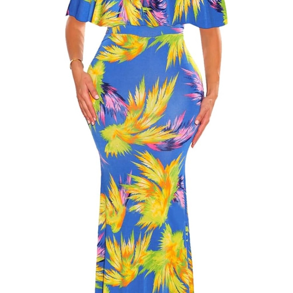 Vibrant Blue Maxi Dress with Tropical Print